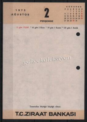 1-2 Ağustos 1973 Ziraat Bankası Takvim Yaprağı EFM634 - 2