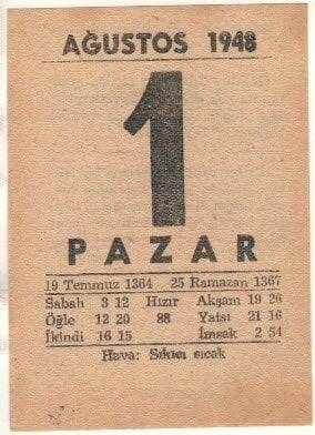 1 Ağustos 1948 Takvim Yaprağı EFM(N)1447 - 4