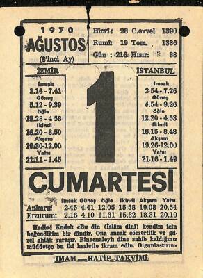 1 Ağustos 1970 Takvim Yaprağı - Doğum Günü Hediyesi EFM(N)9668 - 2