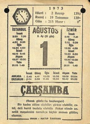 1 Ağustos 1973 Takvim Yaprağı - Doğum Günü Hediyesi EFM(N)10101 - 1