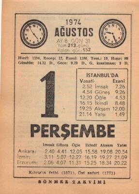 1 Ağustos 1974 Takvim Yaprağı EFM(N)2210 - 2