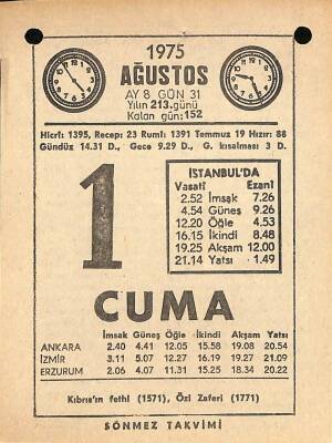 1 Ağustos 1975 Takvim Yaprağı - Doğum Günü Hediyesi EFM(N)9637 - 1