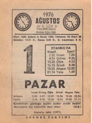 1 Ağustos 1976 Takvim Yaprağı EFM(N)2211 - 3