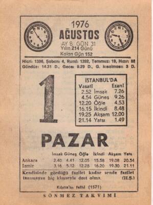 1 Ağustos 1976 Takvim Yaprağı EFM(N)2211 - 1
