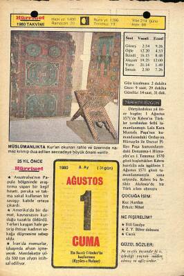 1 Ağustos 1980 Takvim Yaprağı - Doğum Günü Hediyesi EFM(N)9555 - 1