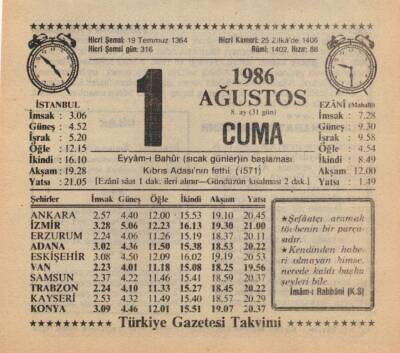 1 Ağustos 1986 Takvim Yaprağı EFM(N)2214 - 2