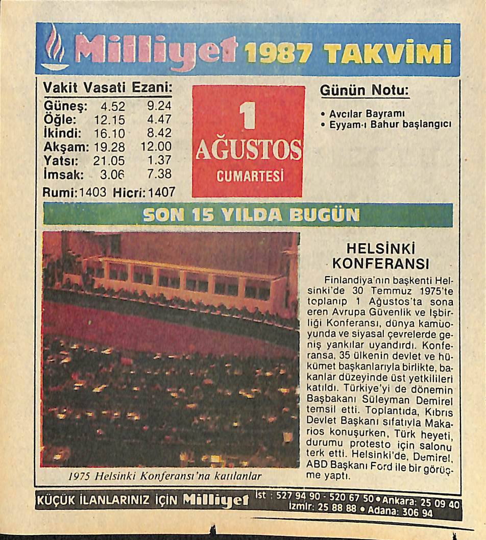 1 Ağustos 1987 Takvim Yaprağı - Doğum Günü Hediyesi EFMN14117 - 1