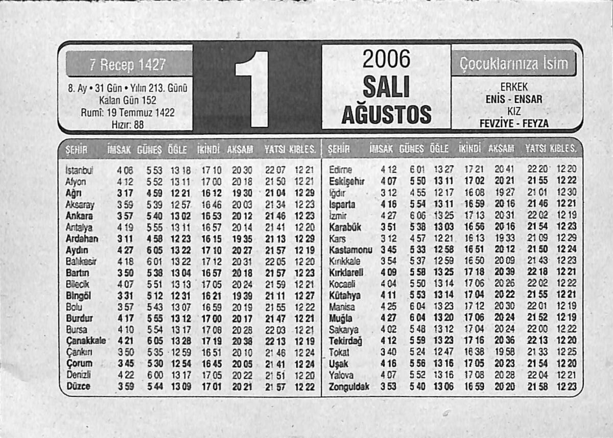 1 Ağustos 2006 Takvim Yaprağı - Doğum Günü Hediyesi EFMN14148 - 1