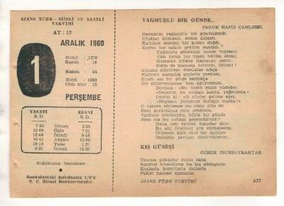 1 Aralık 1960 Ajans Türk Takvim Yaprağı (Şiirli Saatli) EFM(N) 1797 - 2