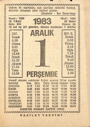 1 Aralık 1983 Takvim Yaprağı - Doğum Günü Hediyesi EFMN13608 - Gökçekoleksiyon