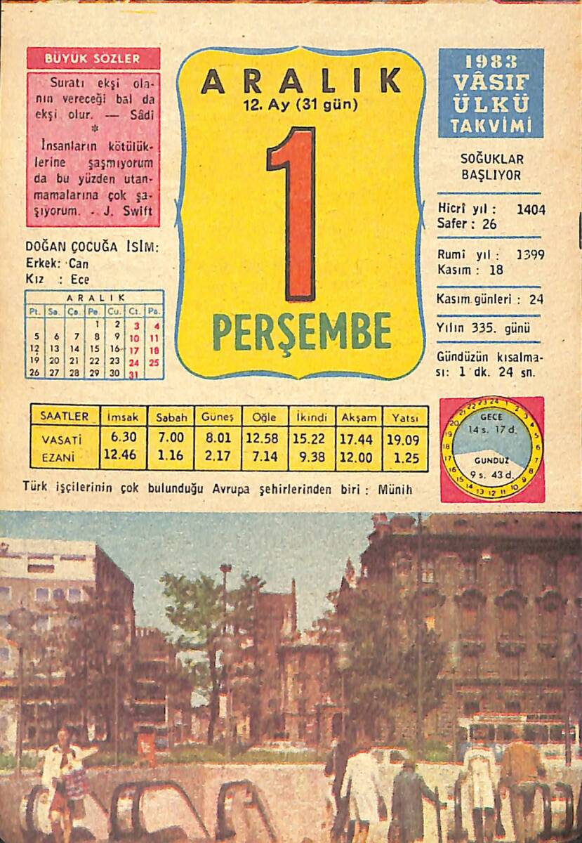 1 Aralık 1983 Takvim Yaprağı - Doğum Günü Hediyesi EFMN14694 - 1