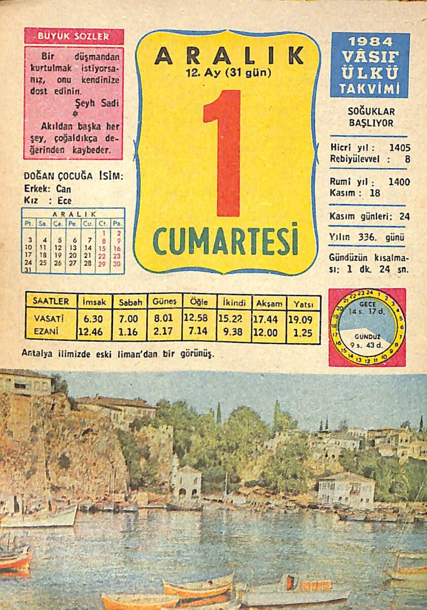 1 Aralık 1984 Takvim Yaprağı - Doğum Günü Hediyesi EFMN14780 - 1