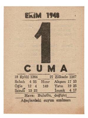1 Ekim 1948 Takvim Yaprağı EFM847 - 3
