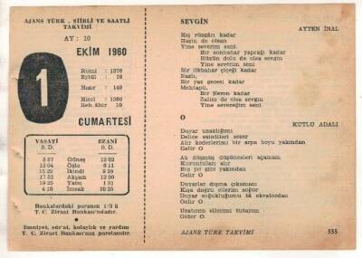1 Ekim 1960 Ajans Türk Takvim Yaprağı (Şiirli Saatli) EFM(N) 1738 - 3