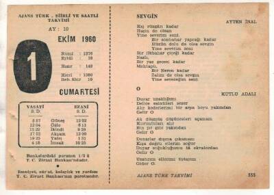 1 Ekim 1960 Ajans Türk Takvim Yaprağı (Şiirli Saatli) EFM(N) 1738 - 2