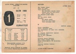1 Ekim 1960 Ajans Türk Takvim Yaprağı (Şiirli Saatli) EFM(N) 1738 - 1