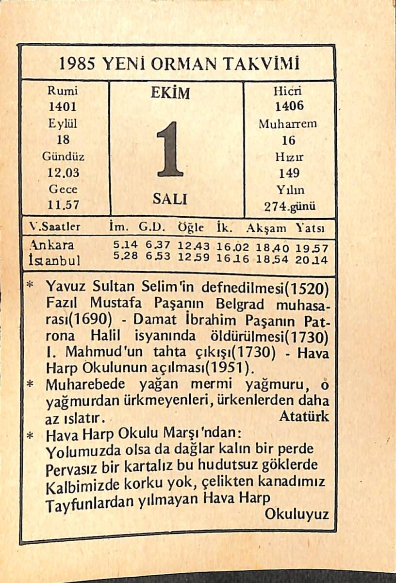 1 Ekim 1985 Takvim Yaprağı - Doğum Günü Hediyesi EFMN14968 - 1