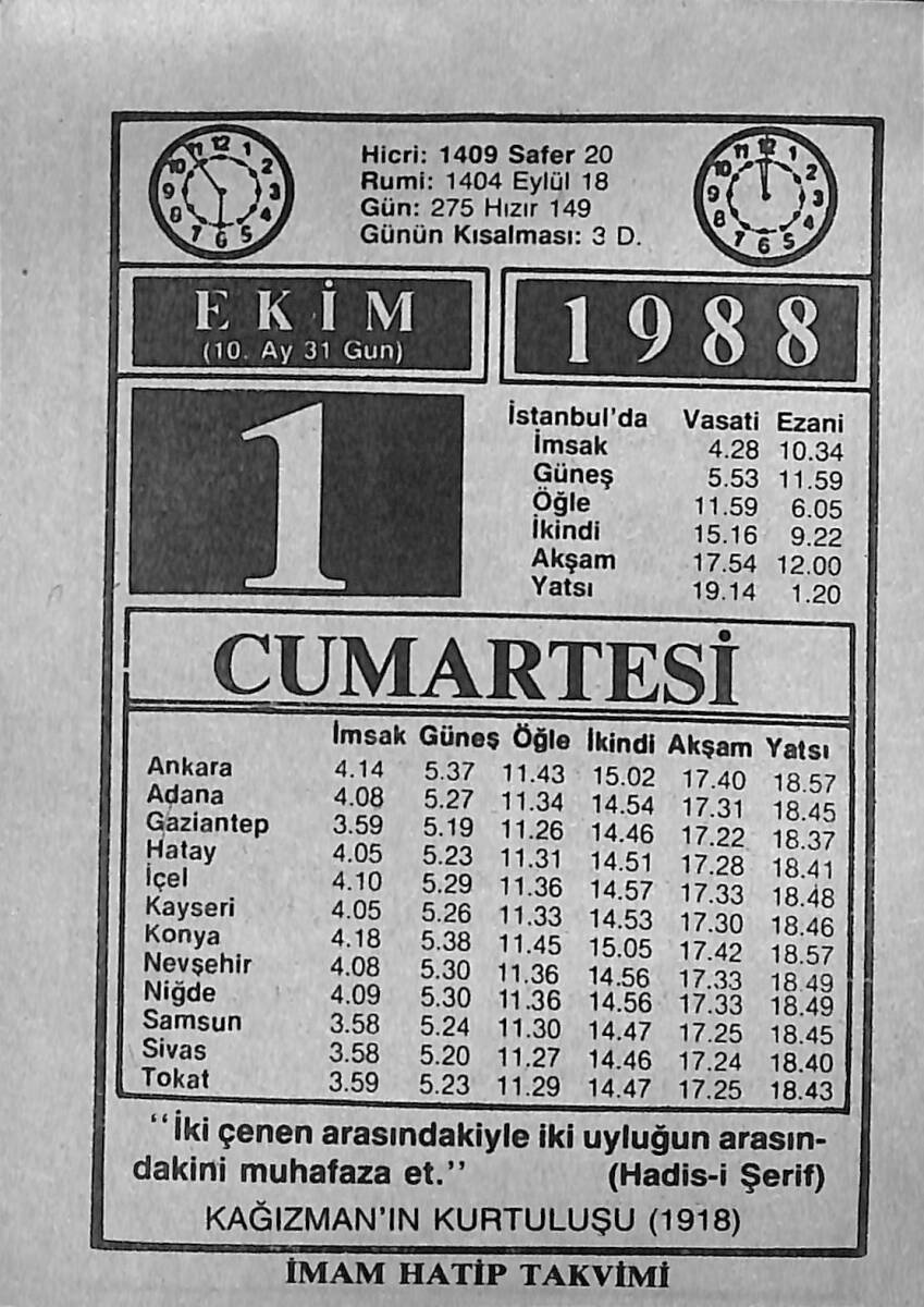 1 Ekim 1988 Takvim Yaprağı - Doğum Günü Hediyesi EFMN14660 - 1