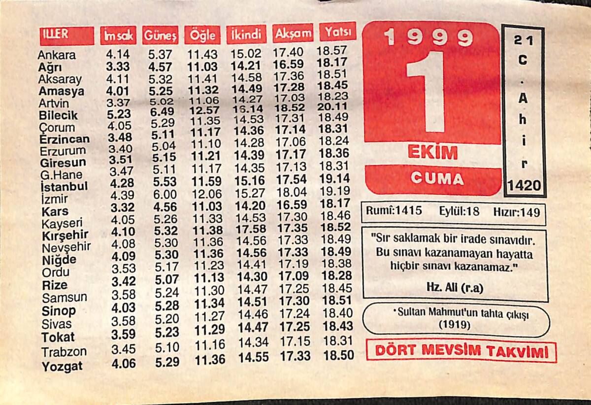 1 Ekim 1999 Takvim Yaprağı - Doğum Günü Hediyesi EFMN14086 - 1