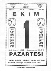 1 Ekim 2001 Takvim Yaprağı - Doğum Günü Hediyesi EFM(N)10468 - 2
