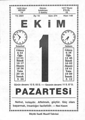 1 Ekim 2001 Takvim Yaprağı - Doğum Günü Hediyesi EFM(N)10468 - 2