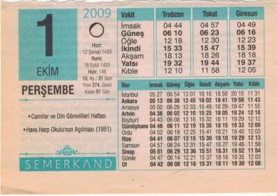1 Ekim 2009 Takvim Yaprağı EFM(N)3280 - 1