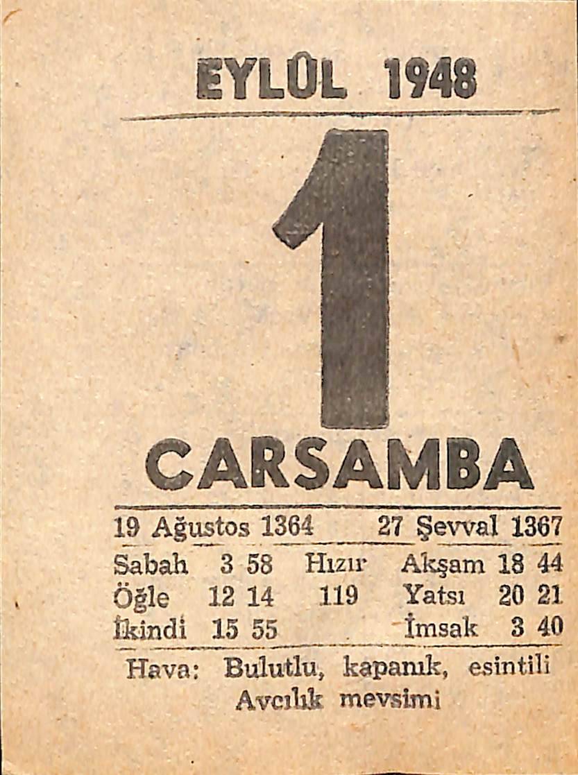 1 Eylül 1948 Takvim Yaprağı - Doğum Günü Hediyesi EFMN14406 - 1