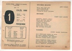 1 Eylül 1960 Ajans Türk Takvim Yaprağı (Şiirli Saatli) EFM(N) 1710 - 4