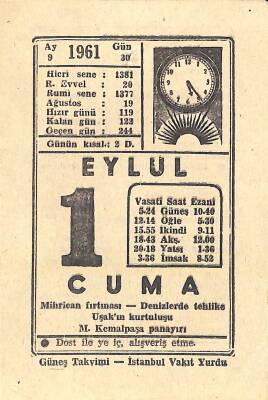 1 Eylül 1961 Takvim Yaprağı - Doğum Günü Hediyesi EFM(N)11409 - 1
