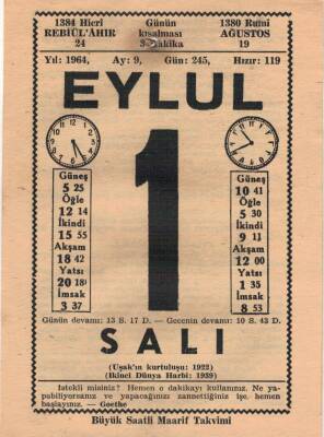 1 Eylül 1964 Takvim Yaprağı EFM(N)3493 - 3