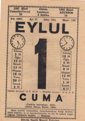 1 Eylül 1967 Takvim Yaprağı EFM(N)3495 - 2