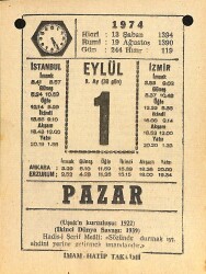 1 Eylül 1974 Takvim Yaprağı - Doğum Günü Hediyesi EFM(N)12173 - Gökçekoleksiyon