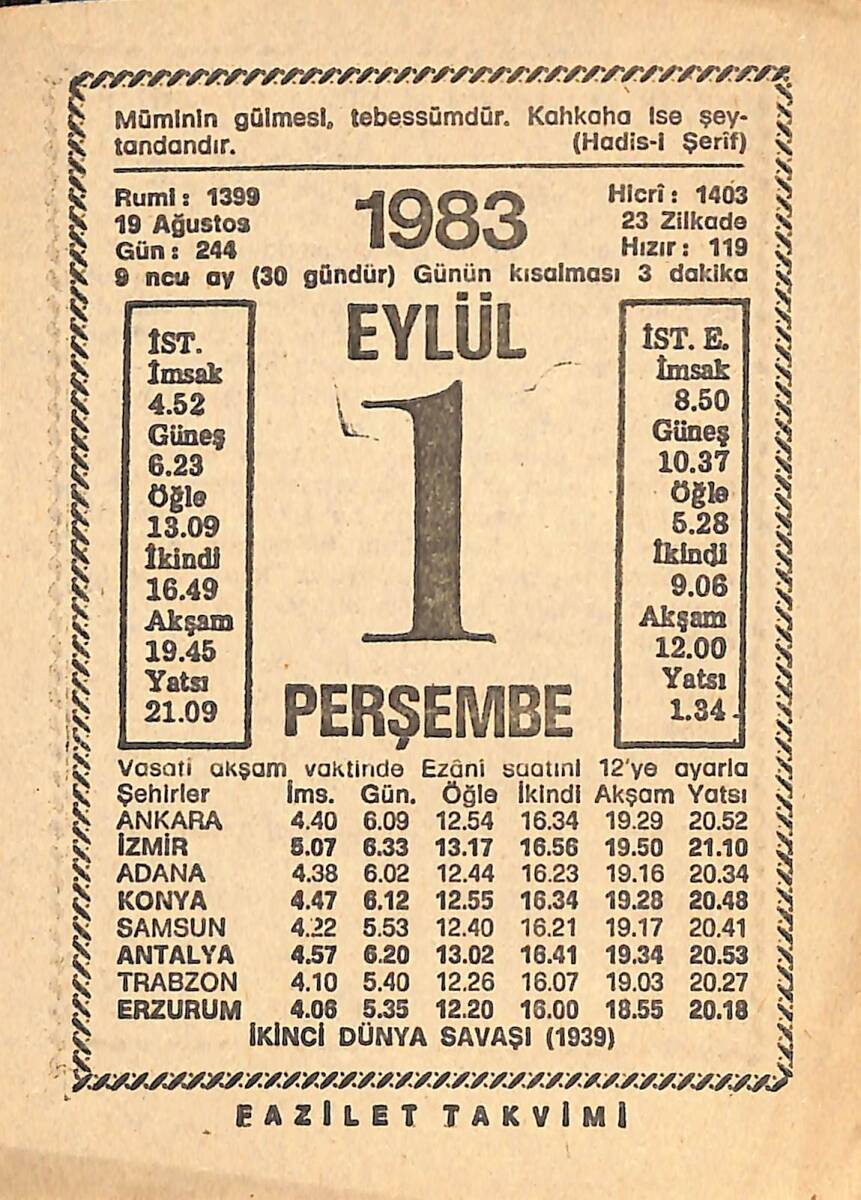 1 Eylül 1983 Takvim Yaprağı - Doğum Günü Hediyesi EFMN15378 - 1