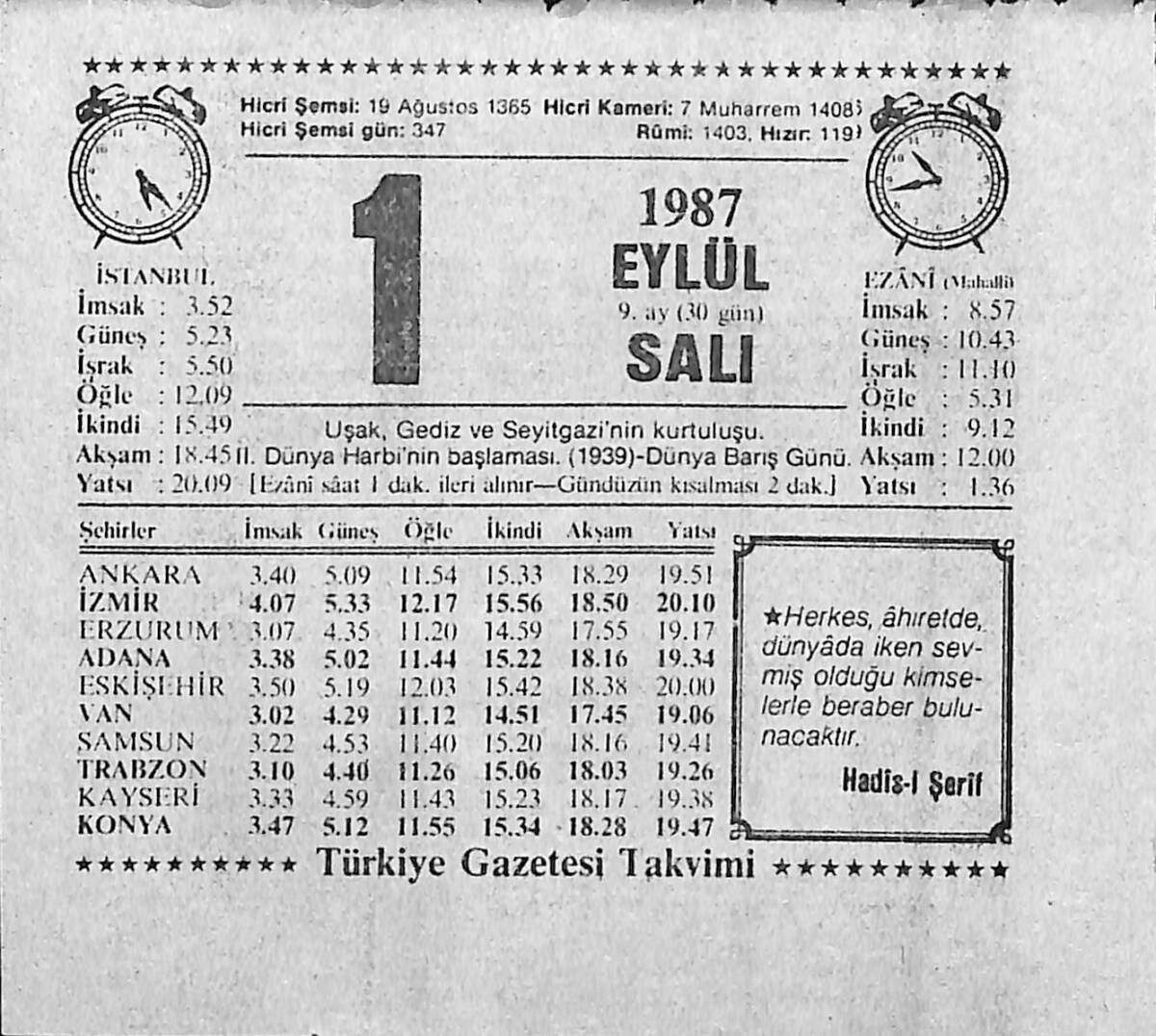 1 Eylül 1987 Takvim Yaprağı - Doğum Günü Hediyesi EFMN13936 - 1