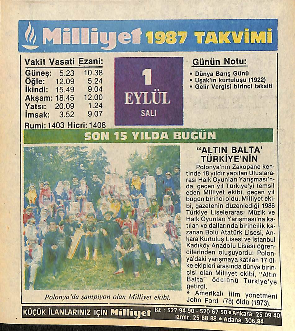 1 Eylül 1987 Takvim Yaprağı - Doğum Günü Hediyesi EFMN14118 - 1