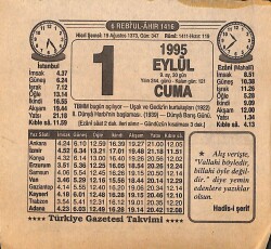 1 Eylül 1995 Takvim Yaprağı - Doğum Günü Hediyesi EFMN15441 - Gökçekoleksiyon