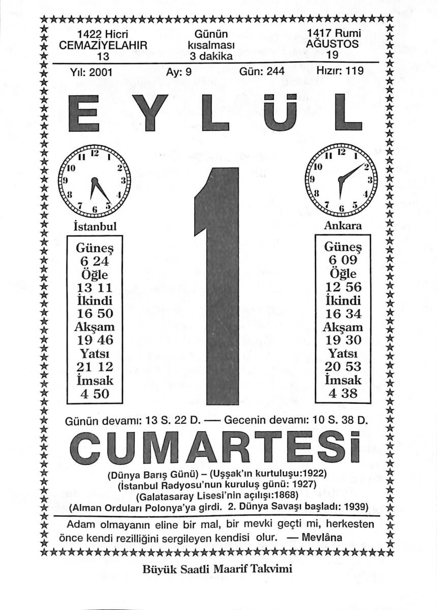 1 Eylül 2001 Takvim Yaprağı - Doğum Günü Hediyesi EFMN14198 - 1