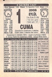 1 Eylül 2006 Takvim Yaprağı - Doğum Günü Hediyesi EFMN15851 - Gökçekoleksiyon
