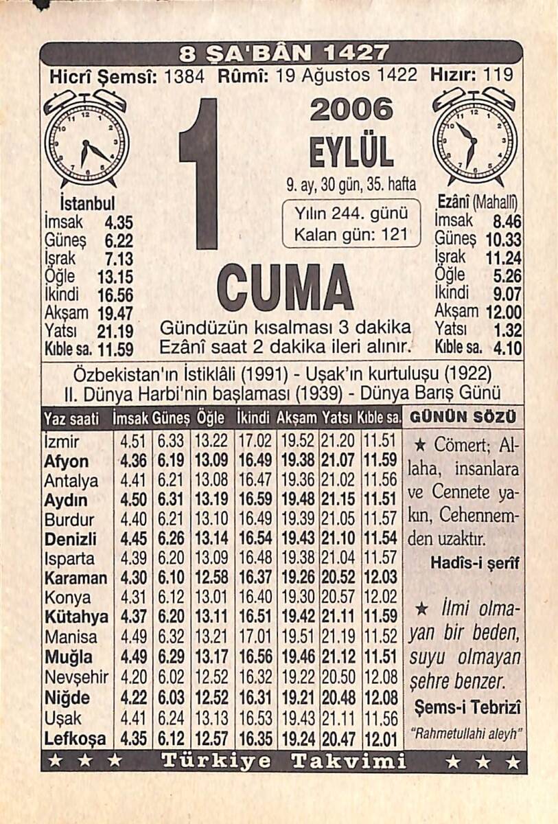 1 Eylül 2006 Takvim Yaprağı - Doğum Günü Hediyesi EFMN15851 - 1