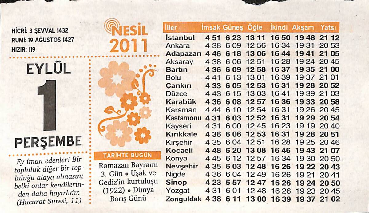 1 Eylül 2011 Takvim Yaprağı - Doğum Günü Hediyesi EFMN14347 - 1