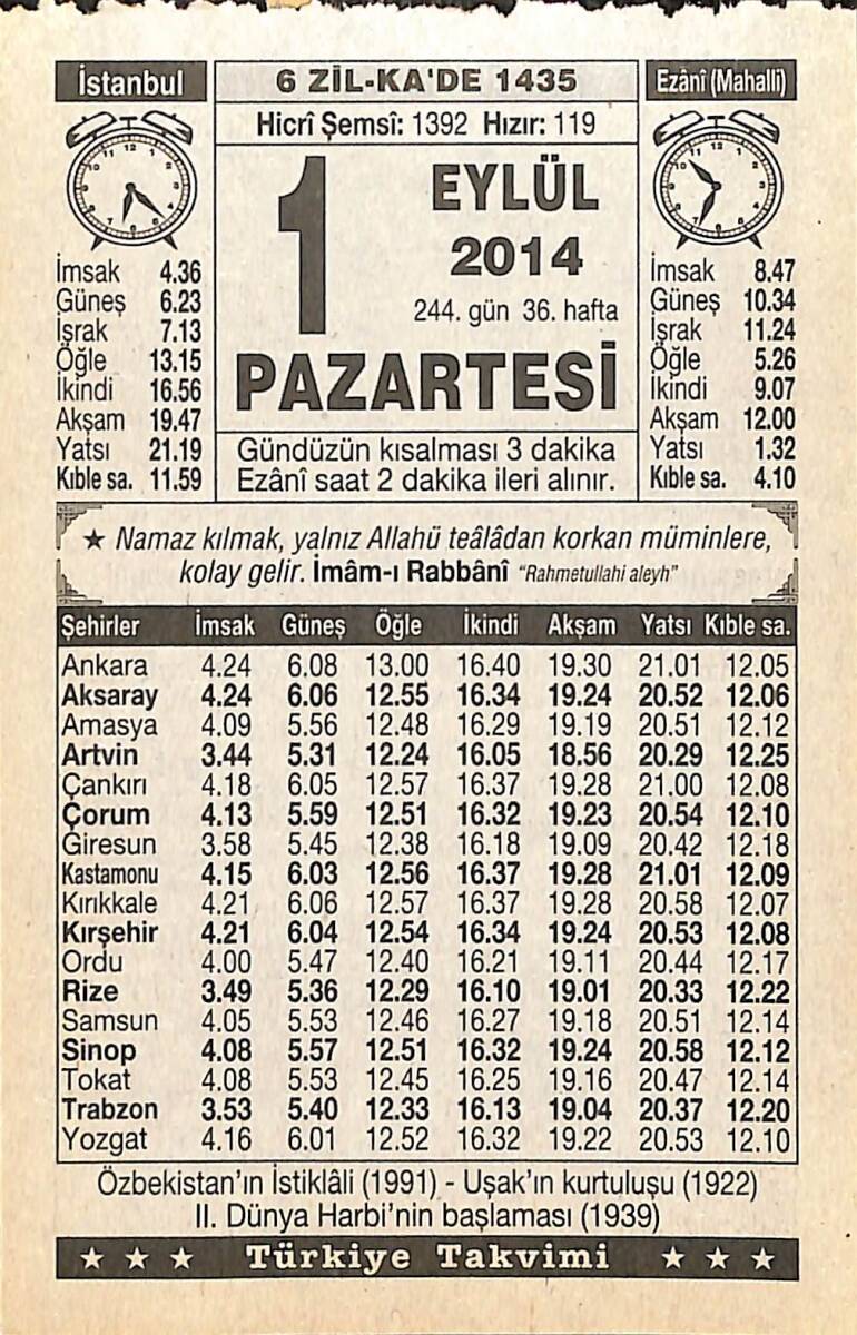 1 Eylül 2014 Takvim Yaprağı - Doğum Günü Hediyesi EFMN14291 - 1