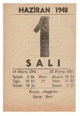 1 Haziran 1948 Takvim Yaprağı EFM887 - 1