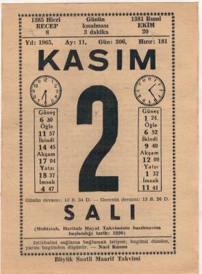 1 Kasım 1965 Takvim Yaprağı EFM(N)3650 - 3