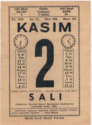 1 Kasım 1965 Takvim Yaprağı EFM(N)3650 - 1