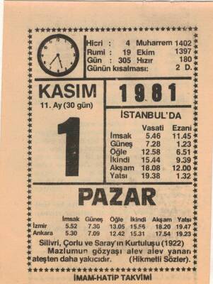 1 Kasım 1981 Takvim Yaprağı EFM(N)4253 - 1