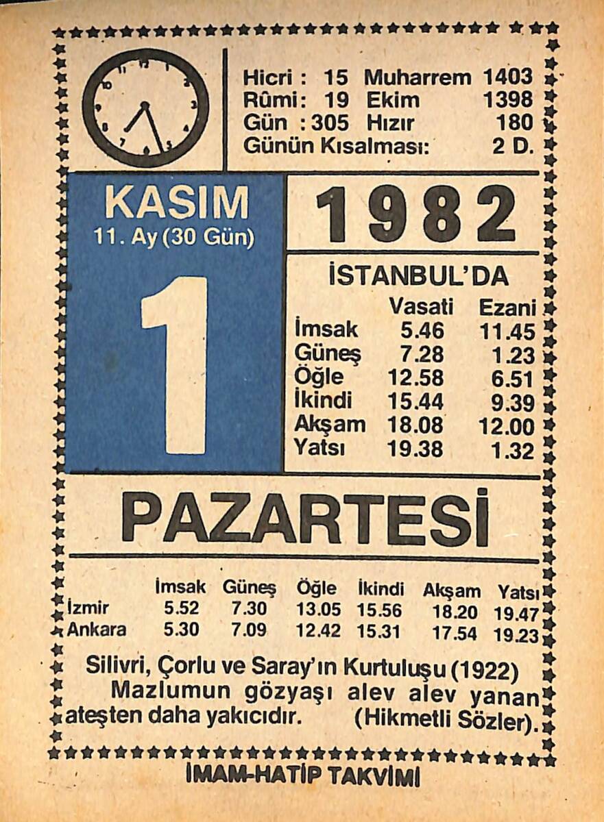 1 Kasım 1982 Takvim Yaprağı - Doğum Günü Hediyesi EFMN15990 - 1