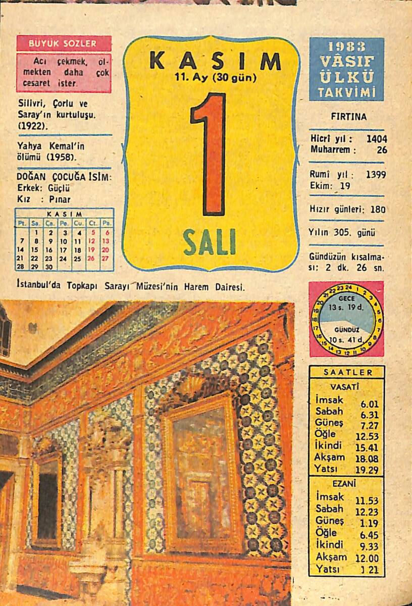 1 Kasım 1983 Takvim Yaprağı - Doğum Günü Hediyesi EFMN14719 - 1