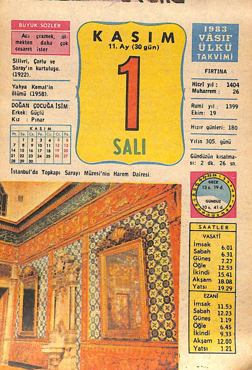 1 Kasım 1983 Takvim Yaprağı - Doğum Günü Hediyesi EFMN15960 - 1