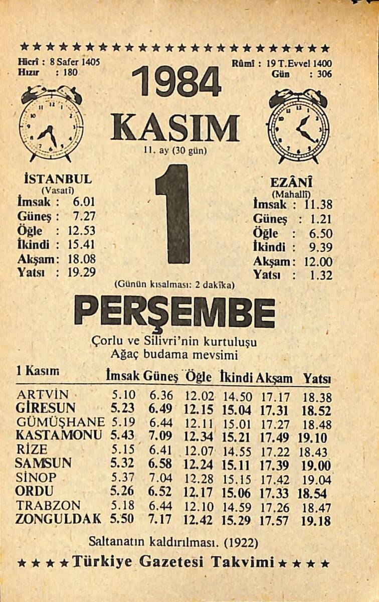 1 Kasım 1984 Takvim Yaprağı - Doğum Günü Hediyesi EFMN14551 - 1
