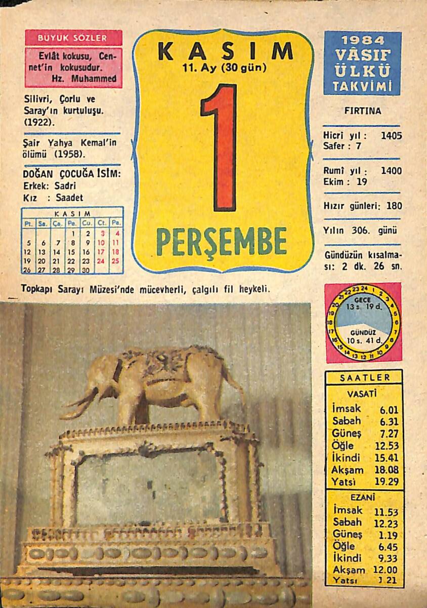 1 Kasım 1984 Takvim Yaprağı - Doğum Günü Hediyesi EFMN14808 - 1